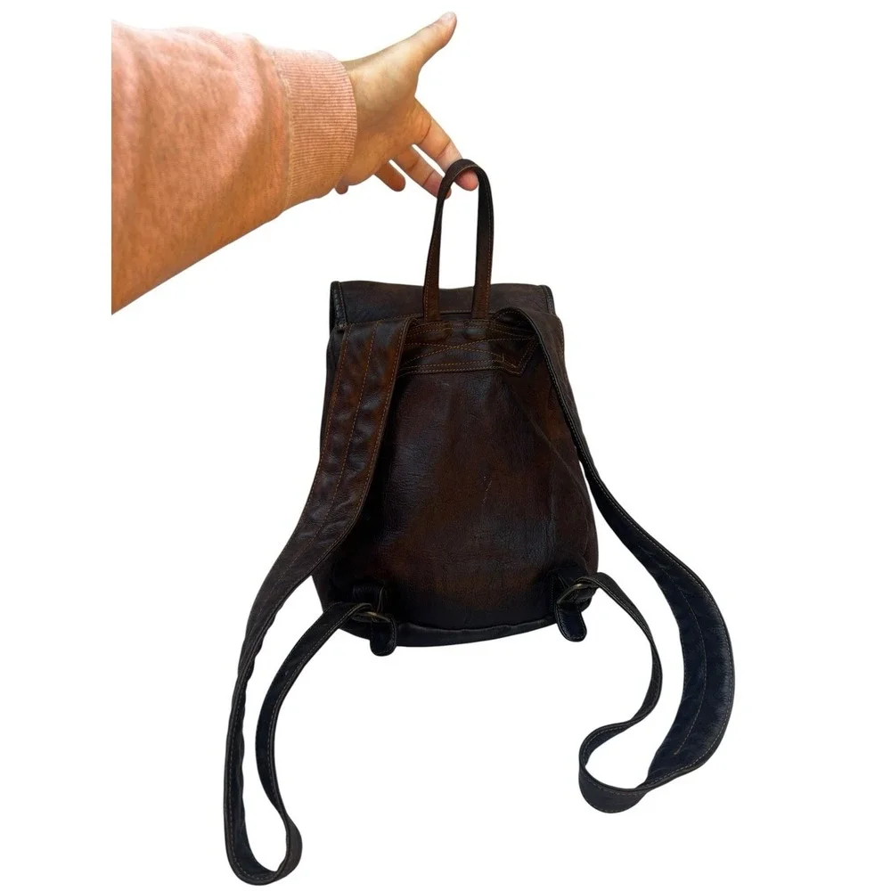 Vtg HOBO International Brown Leather Backpack Distressed Slouch Drawstring Bag